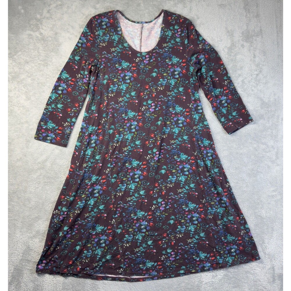Garnet Hill Dress Womens Small Brown Floral Seamed Knit Trapeze 3/4 Sleeve Cute